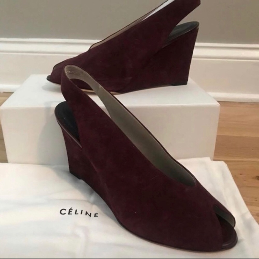 Celine Burgundy Suede Slingback Wedges IT 40